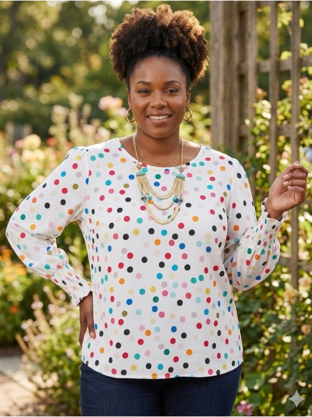Women's White Polka Dot Long Sleeve Blouse - Multicolor Dots
